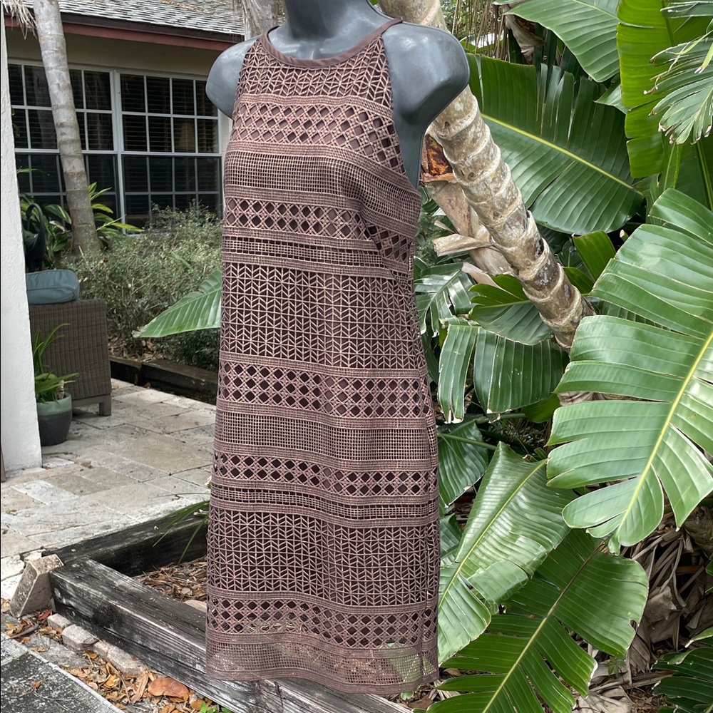 whbm bronze, copper lace sheath dress